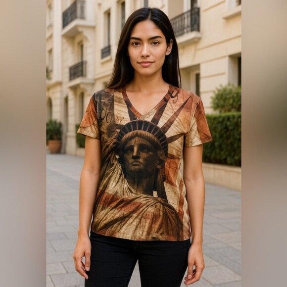 True Rock Statue of Liberty Sublimation V-Neck Tee 2XL USA Graphic Streetwear - Picture 1 of 11